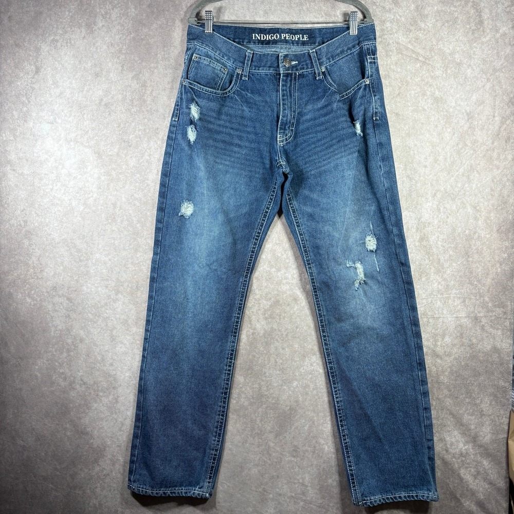 Indigo People Jeans Mens Size 34X34 Blue Dark Wash Denim Distressed Straight